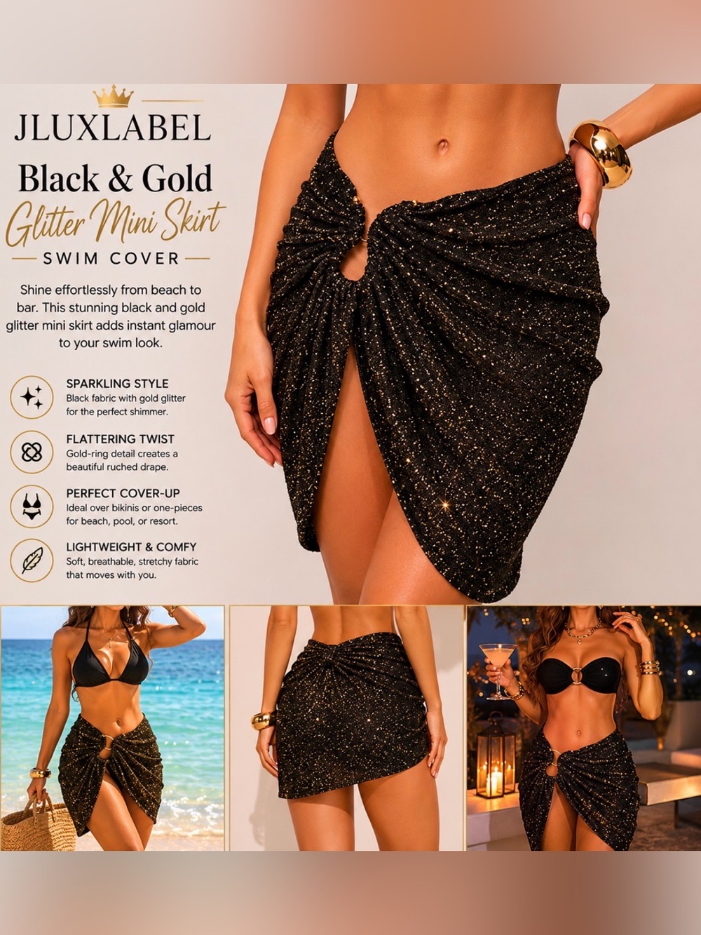 JLUXLABEL Black and Gold Glitter mini skirt / swim cover